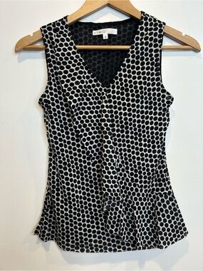 Cleo Polka Dot Ruffle Sleeveless Tank Top Black White Mesh